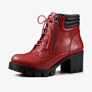 Women's Chunky Heel Lace Up Zipper Red Combat Boots